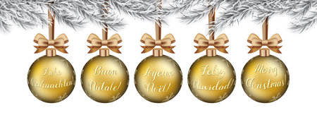 Golden Christmas balls with the greeting Merry Christmas in 5 languages. Eps 10 vector file.のイラスト素材