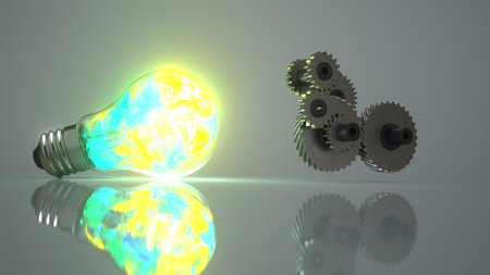 Idea, innovation, and technology concept. Bulb with gear wheels on the gray background. 3D illustration.の写真素材