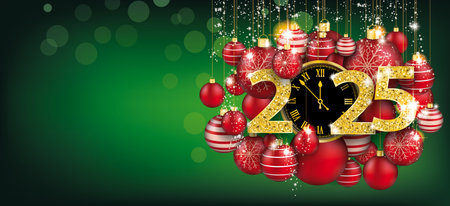 Red christmas card with hanging red baubles, clock and date 2025. Eps 10 vector file.の写真素材