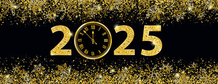 New Year banner with golden Numbers 2025, clock and golden snowflakes. Eps 10 vector file.の写真素材