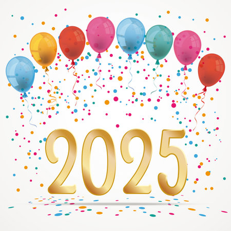 2025 with baloons and confetti. Eps 10 vector file.のイラスト素材