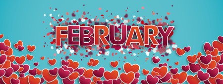 Hearts on the cyan background with the text February. Eps 10 vector file.のイラスト素材