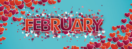 Hearts on the cyan background with the text February. Eps 10 vector file.のイラスト素材
