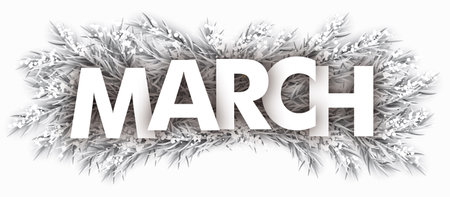 Text March with frozen fir twigs on the white background. Eps 10 vector file.のイラスト素材