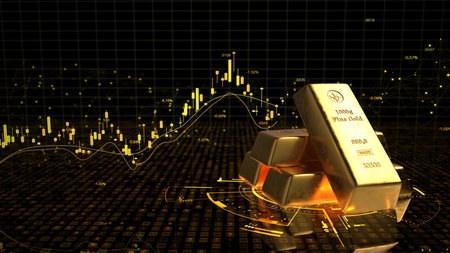 A 3D illustration of gold trading with gold bars and a candlestick chart.の写真素材