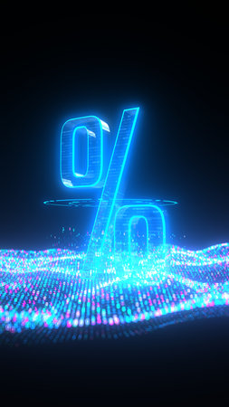 3D illustration of the blue digital symbol of percent with data matrix.の写真素材