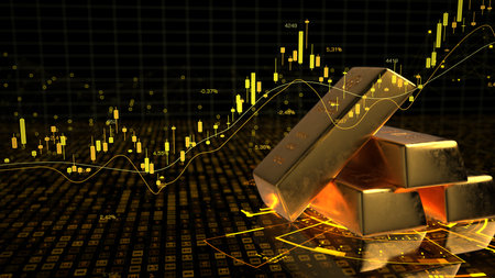 A 3D illustration of gold trading with gold bars and a candlestick chart.の写真素材
