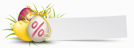Colored easter eggs with grass, flowers and paper banner for the Easter Sale. Eps 10 vector file.のイラスト素材