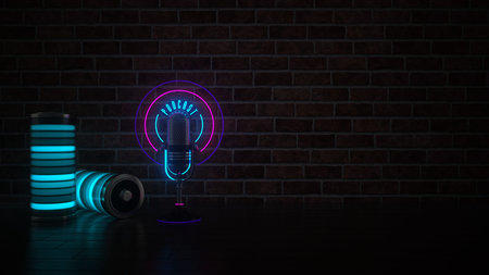 Podcast about energy batteries with a mic and batteries. 3D illustration.の写真素材