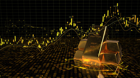 A 3D illustration of gold trading with gold bars and a candlestick chart.の写真素材
