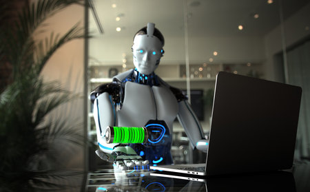 3D illustration - Advanced humanoid robot holding green battery next to laptop in modern office environment.の写真素材