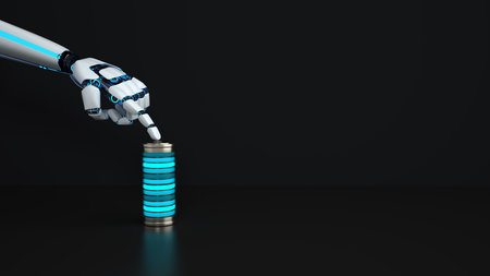 Humanoid robot hand touches the battery. 3d illustrations.の写真素材