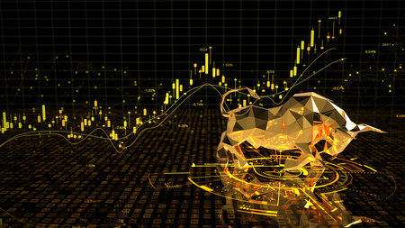 3D illustration with a golden bull and digital candle stick chart. 3D illustration.の写真素材