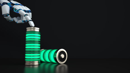 Humanoid robot hand touches the battery. 3d illustrations.の写真素材