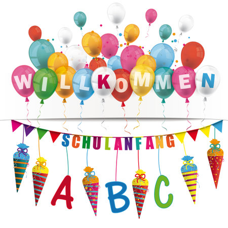 German text Willkommen Schulanfang, translate Welcome Back to School. EPS 10 vector file.のイラスト素材