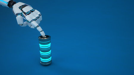 Humanoid robot hand touches the battery. 3d illustrations.の写真素材