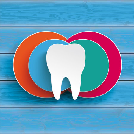 Dentist cover with a white tooth on the blue wooden background. Eps 10 vector file.のイラスト素材