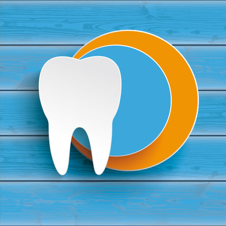 Dentist cover with a white tooth on the blue wooden background. Eps 10 vector file.のイラスト素材