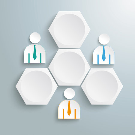 Infographic with honeycomb structure and 3 businessmen on the gray background. Eps 10 vector file.のイラスト素材