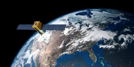 Extremely detailed and realistic high resolution 3D illustration of a satellite orbiting Earth. Shot...
