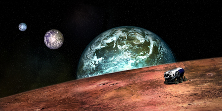 Extremely detailed and realistic high resolution 3D illustration of a space exploration vehicle on an earth like Exoplanet. Shot from Space. Elements of this image are furnished by Nasa.の写真素材