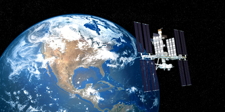 Extremely detailed and realistic high resolution 3D illustration of International Space Station ISS orbiting Earth. Shot from Space.の写真素材
