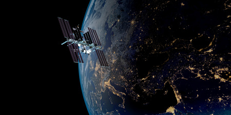 Extremely detailed and realistic high resolution 3D illustration of International Space Station ISS orbiting Earth. Shot from Space. Elements of this image are furnished by Nasa.の写真素材