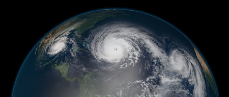 Extremely detailed and realistic high resolution 3d illustration of 3 hurricanes approaching the Caribbean Islands and Florida. Shot from Space. Elements of this image have been furnished by Nasa.の写真素材