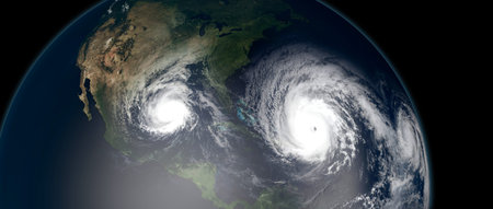 Extremely detailed and realistic high resolution 3d illustration of 3 hurricanes approaching the...