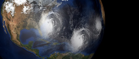 Extremely detailed and realistic high resolution 3d illustration of 3 hurricanes approaching Northeastern USA. Shot from space.の写真素材