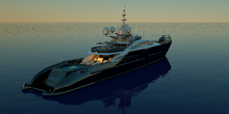 Extremely detailed and realistic high resolution 3D image of a luxury super yacht with a helicopter, a swimming pool and a hot tubの写真素材