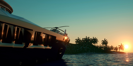 Extremely detailed and realistic high resolution 3D image of a Super Yacht approaching a tropical Island with palmsの写真素材