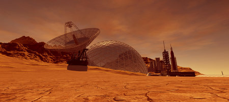 Extremely detailed and realistic high resolution 3d illustration of a colony on mars like planet.