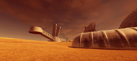 Extremely detailed and realistic high resolution 3d illustration of a colony on mars like planet.の写真素材