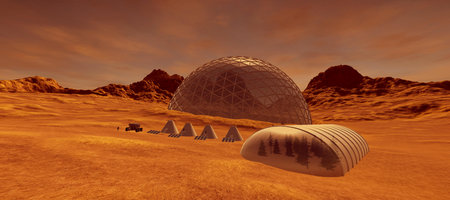 Extremely detailed and realistic high resolution 3d illustration of a colony on mars like planet.
