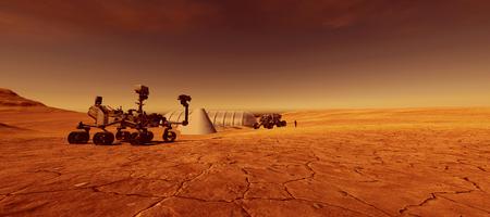 Extremely detailed and realistic high resolution 3d image of Mars exploration vehicle curiosity with human colony in background on Mars like planetの写真素材