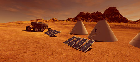 Extremely detailed and realistic high resolution 3d image of a human colony on Mars like planet