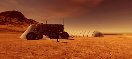 Extremely detailed and realistic high resolution 3d image of a human colony on Mars like planetの写真素材