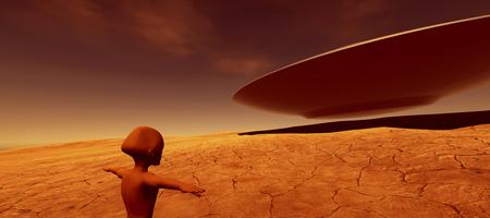 Extremely detailed and realistic high resolution 3D image of an UFO Flying Saucer on a Mars like planetの写真素材