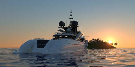 Extremely detailed and realistic high resolution 3D illustration of a Super Yacht approaching a tropical Island with palms - Illustrationの写真素材