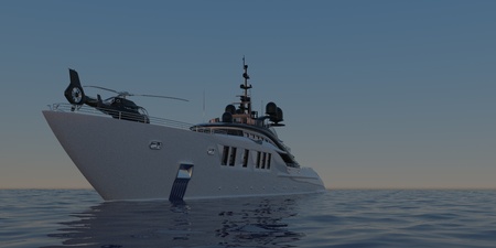 Extremely detailed and realistic high resolution 3D illustration of a Super Yacht approaching a tropical Island with palms - Illustrationの写真素材