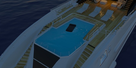 Extremely detailed and realistic high resolution 3D illustration of a Super Yacht approaching a tropical Island with palms - Illustrationの写真素材