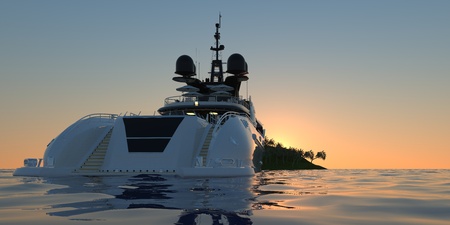 Extremely detailed and realistic high resolution 3D illustration of a Super Yacht approaching a tropical Island with palms - Illustrationの写真素材