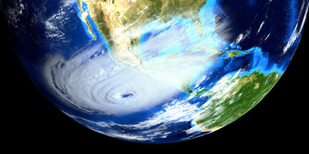 Extremely detailed and realistic high resolution 3d image of a Hurricane approaching us east coast....