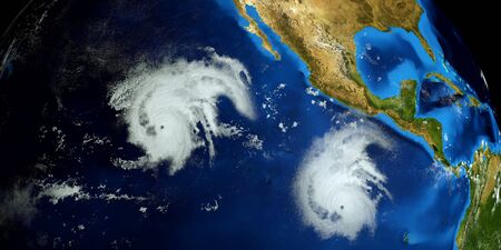 Extremely detailed and realistic high resolution 3d image of Hurricane Barbara next to the US East coast. Shot from space.の写真素材