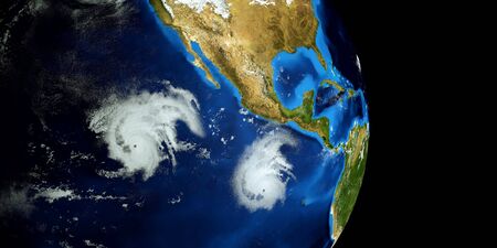 Extremely detailed and realistic high resolution 3d image of Hurricane Barbara next to the US East coast. Shot from space.の写真素材