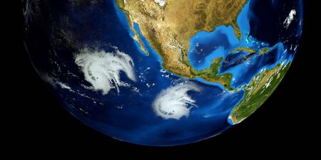 Extremely detailed and realistic high resolution 3d image of Hurricane Barbara next to the US East coast. Shot from space.の写真素材