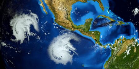 Extremely detailed and realistic high resolution 3d image of Hurricane Barbara next to the US East coast. Shot from space.の写真素材