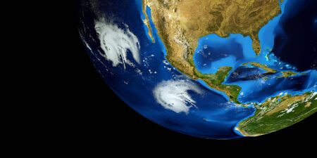 Extremely detailed and realistic high resolution 3d image of Hurricane Barbara next to the US East coast. Shot from space.の写真素材