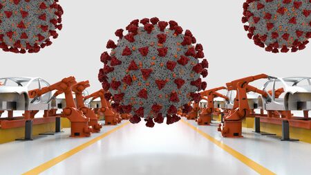 Automobile Production Robots Producing Cars with Corona Virus 3D imageの写真素材